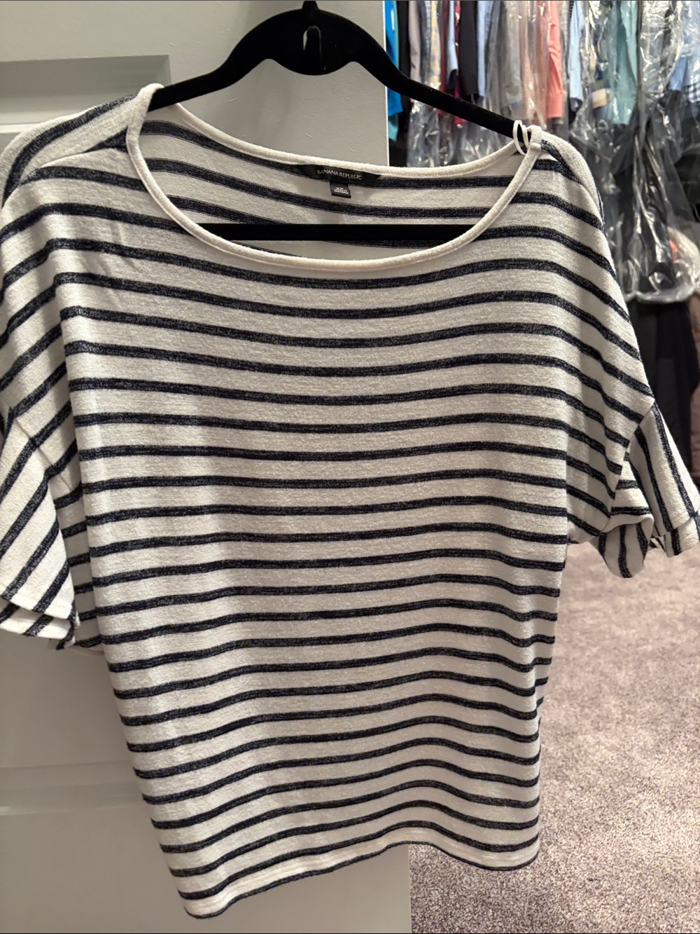 Banana Republic White & Navy Striped Short-Sleeve Top